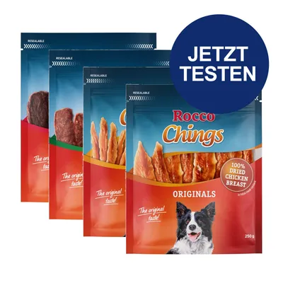 Rocco Chings Originals, 100% getrocknete Hühnerbrust, 250g. Verpackung mit Hundebild und Text 'The original taste!'. Jetzt testen. Rocco Chings Originals, 100% getrocknete Hühnerbrust, 250g. Verpackung mit Hundebild und Text 'The original taste!'. Jetzt testen.