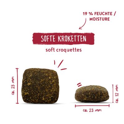 Softe Kroketten, ca. 23 mm Durchmesser, ca. 12 mm Höhe, 19% Feuchte. Text: soft croquettes.