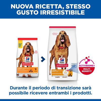 Hill's Science Plan Light Mature Adult 7+ Medium 11–25 kg con pollo, crocchette per cani adulti maturi. Testo visibile: 16% lower calories vs. Hill’s Science Plan Mature Adult.