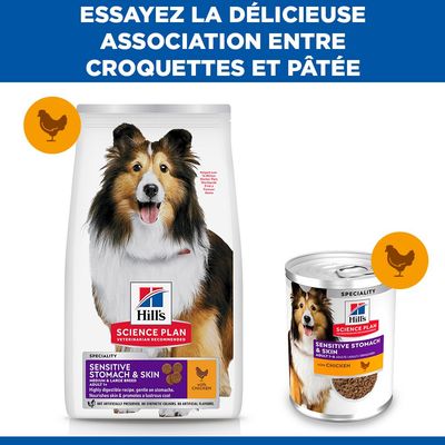 Hill's Science Plan Sensitive Stomach & Skin au poulet, croquettes et nourriture humide illustrées. Texte : Découvrez la délicieuse combinaison de croquettes et de nourriture humide.