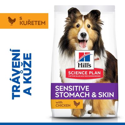 Hill's Science Plan Sensitive Stomach & Skin Adult+ s kuracím mäsom. Podporuje zdravie trávenia a krásnu srsť. Bez umelých konzervačných látok, farbív a aróm.