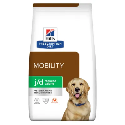 Bag labelled Prescription Diet Mobility, j/d reduced calorie, veterinarian recommended, clinical nutrition, S+OX shield, with chicken.
