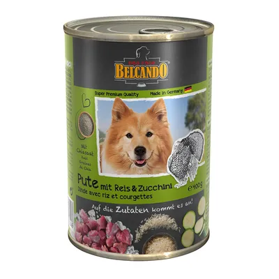 Boîte Belcando Dog Food, Dinde avec riz et courgettes, 400 g. Texte visible : Super Premium Quality, Made in Germany, Avec graines de chia. Images d’ingrédients et chien sur l’emballage.