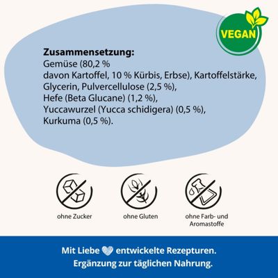 Zusammensetzung: Gemüse 80,2 %, Kartoffel, Kürbis, Erbse, Kartoffelstärke, Glycerin, Pulvercellulose, Hefe, Yuccawurzel, Kurkuma. Vegan, ohne Zucker, ohne Gluten, ohne Farb- und Aromastoffe.