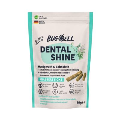 BugBell Dental Shine palitos mastigáveis, vegan, Made in Germany, fibras naturais reduzem formação de tártaro, chlorella, hortelã-pimenta e sálvia promovem hálito fresco, 60g.