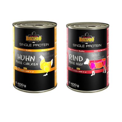 Lot de 12 boîtes Belcando Single Protein Rind Pure Beef, 400 g chacune. Texte visible : Made in Germany, Super Premium Quality, SINGLE PROTEIN, e 400 g netto.