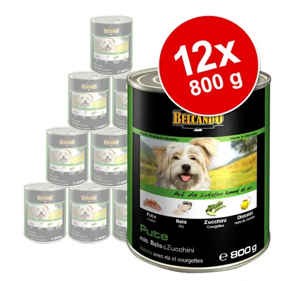 Lot de 12 boîtes Belcando 800 g, volaille avec riz et courgettes. Texte visible : Pute, Reis, Zucchini, Distelöl. Image d’un chien sur l’emballage.