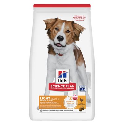 Hill's Science Plan Light Adult 1-6 Medium 11–25 kg csirkehúsos kutyatáp, látható szöveg: 16% lower calories vs. Hill’s Science Plan Adult, with chicken, no artificial colors/flavors/preservatives.