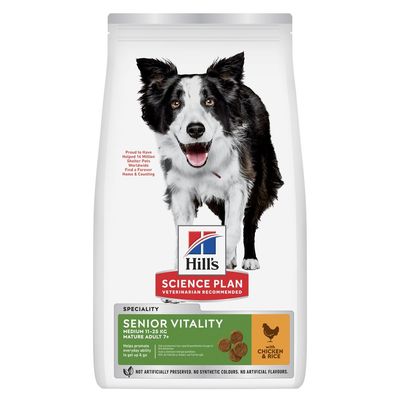 Hill's Science Plan Senior Vitality with Chicken, texte allemand «MITTELGROSSE RASSE» et «Mit HUHN», sac avec photo de chien. Texte anglais visible sur l'emballage.