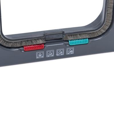 Detailweergave van een grijs kattenluik met rode en groene schuifregelaars en symbolen voor verschillende openingsmodi.