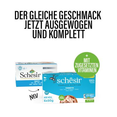 Schesir Mini Meal für erwachsene Katzen, Thunfisch in Gelee, 6x50g, 100% natürliche Filets, mit zusätzlichen Vitaminen.
