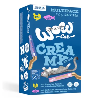 WOW Cat Creamy Snack Multipack 24 x 15 g, 12x csirkehússal, 12x lazaccal, Németországban készült, hozzáadott cukor nélkül, MSC tanúsítvánnyal rendelkező lazac.