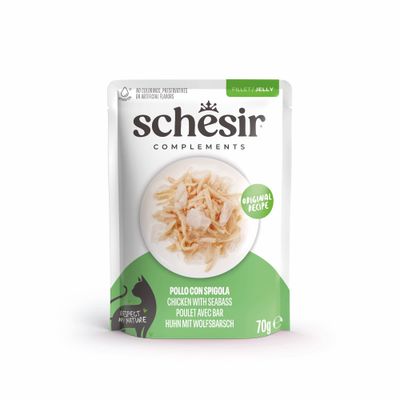 Schesir Complements dla dorosłych kotów, oryginalna receptura z filetem z kurczaka w galarecie. Opakowanie: 6x70g, razem 420g. 100% naturalne filety, +nawodnienie.
