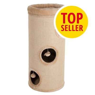 Beige kradsetønde med tre åbninger og hængende plysdyr, synlig tekst: TOP SELLER på gul cirkel øverst til højre