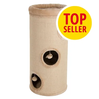 Beige kradsetønde med tre åbninger og hængende plysdyr, synlig tekst: TOP SELLER på gul cirkel øverst til højre