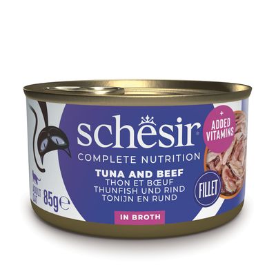 Schesir Complete Nutrition, tonnikalafileet liemessä, 6x85g, 100 % luonnolliset fileet, lisävitamiineilla. Aikuisille kissoille.