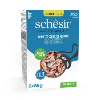 Икономична опаковка Schesir Complete Nutrition филе в желе 24 x 85 г, в паучове - риба тон със сардини