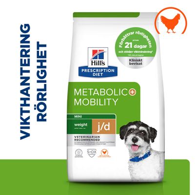 Hill's Prescription Diet Metabolic + Mobility Mini vikt j/d, förbättrar rörligheten på 21 dagar, kliniskt bevisat, med kyckling, rekommenderas av veterinärer.