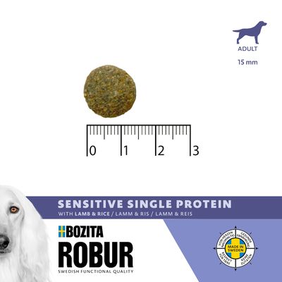 Bozita Robur Sensitive Single Protein med lamm och ris. Krokettstorlek: 15 mm. Tillverkad i Sverige, utan tillsatt socker, glutenfri, naturliga ingredienser.