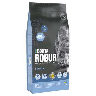 Bozita Robur Senior, 23% protein, 12% fedt, Post Biotics Multi-benefit, Fremstillet i Sverige, Voksen Hund Senior, 12 kg