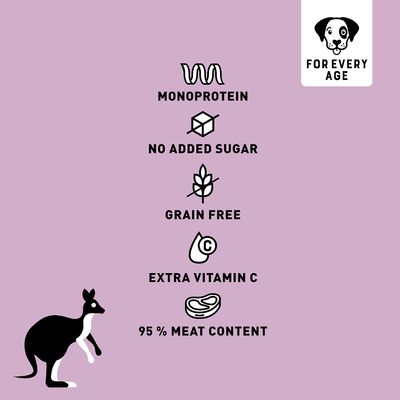 Monoprotein, kein Zuckerzusatz, getreidefrei, extra Vitamin C, 95 % Fleischanteil. Geeignet für jedes Alter.