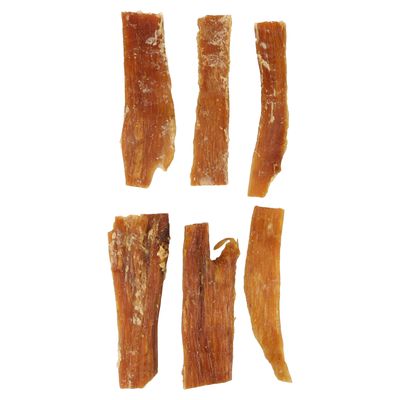 Sex bitar torkat kött, avlånga och bruna, lämpliga som snacks eller belöning för husdjur.