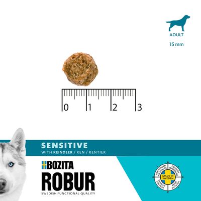 Bozita Robur Sensitive mit Rentier, Krokettengrösse 15 mm für erwachsene Hunde. Made in Sweden, ohne Weizen, gesunde Gelenke, hochwertige Zutaten.