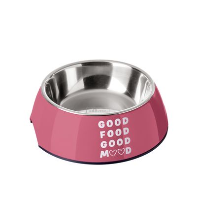 Ciotola rosa per alimenti con interno in acciaio inox e scritta 'Good Food Good Mood' con simboli a forma di cuore. Marca Hunter visibile all'interno.