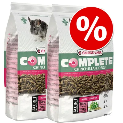 Versele-Laga Complete Chinchilla & Degu, All-in-1 Pellets mit Kräutern und Timothy-Gras, 100% extrudiert, keine Selektion, Vets empfohlen. Rabattzeichen sichtbar.