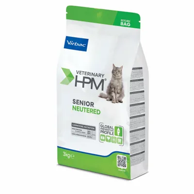 Virbac Veterinary HPM Senior Neutered, Carnivore Nutrition: Hög proteinhalt 38%, Låg kolhydrathalt 25,5%, Globalt förebyggande profil, 3 kg, återvinningsbar förpackning.