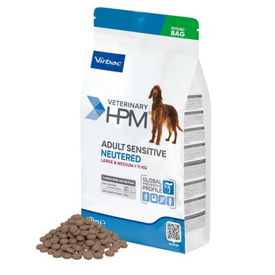 Virbac Veterinary HPM Adult Sensitive Neutered Large & Medium >11 kg, Carnivore Nutrition: Hög proteinhalt 29 %, låg kolhydrathalt 33 %, återvinningsbar förpackning, 3 kg påse med foderkulor.