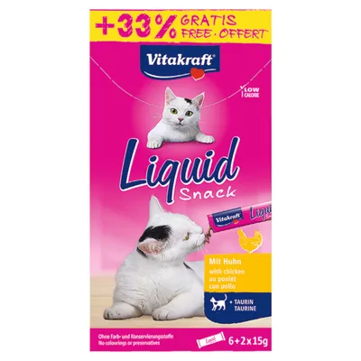 Vitakraft Liquid Snack con pollo, +33% gratis, sin colorantes ni conservantes, 6+2x15g, con taurina, bajo en calorías.