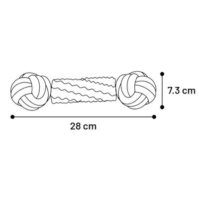 Mått på en leksak: längd 28 cm, diameter 7,3 cm. Visas med två knutar och en räfflad mittdel.