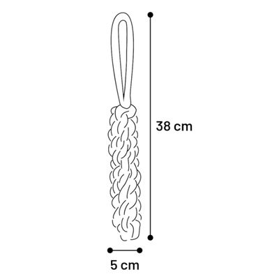 Diagram av en flätad leksak med ögla. Mått: längd 38 cm, bredd 5 cm.