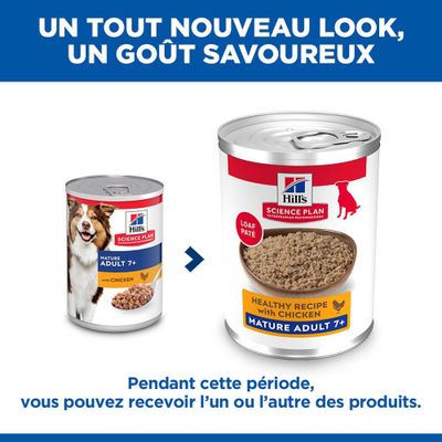 Hill's Science Plan Mature Adulte 7+ au poulet : Remarque concernant le nouveau design de l'emballage, pendant la période de transition, les deux variantes de boîtes peuvent être livrées.