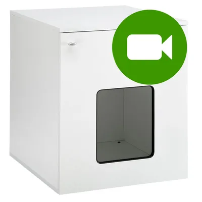 Przycisk odtwarzania wideo produktu. Kliknij tutaj, aby obejrzeć film prezentujący biały mebel z otworem i drzwiczkami.