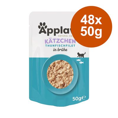 Applaws Kätzchen Thunfischfilet in Brühe, Packungsgröße 48x50g, Produktabbildung mit sichtbarem Inhalt.