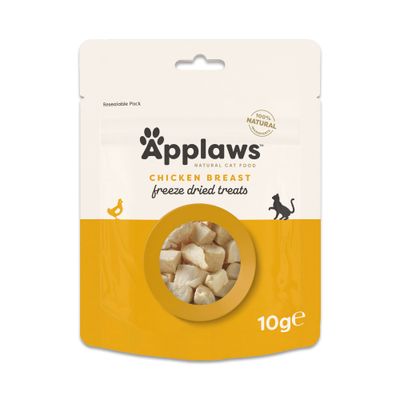 Sachet Applaws Natural Cat Food, Hähnchenbrust Gefriergetrocknete Leckerbissen, 100% natural, 10 g. Morceaux visibles à travers une fenêtre ronde sur l'emballage.
