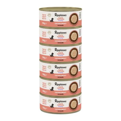 Applaws Taste Toppers Puppy Kuracie prsia vo vývare, 156 g konzerva. Text: Pridajte navrch! Zamiešajte! Zmiešajte! Prírodné ingrediencie. Obrázok krmiva v konzerve.