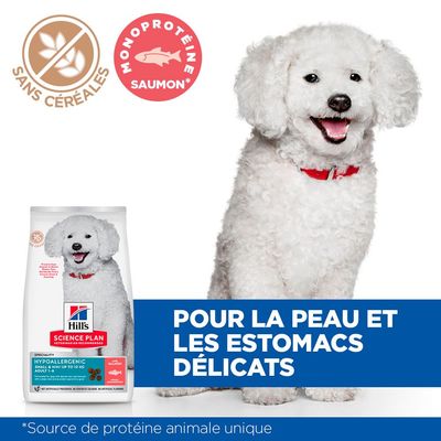 Hill's Science Plan Hypoallergenic, No Grain Salmon, croquettes pour chien, texte visible : SENSIBILITÉS, image de poisson et symbole sans céréales sur l’emballage.