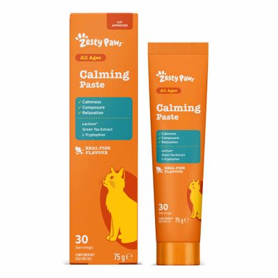 Zesty Paws Calming Paste All Ages, 30 servings, 75g. With Lactium, green tea extract, L-tryptophan. Flavour: real fish. Complementary feed for cats.