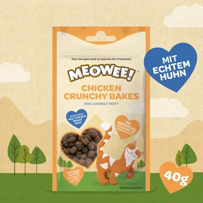 Meowee! Chicken Crunchy Bakes, mit echtem Huhn, ohne künstliche Farbstoffe oder Konservierungsstoffe, enthält Taurin, 40g. Verpackung zeigt Katzenmotiv und Herzsymbol.