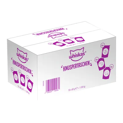 Whiskas Knuspertaschen Mixkarton - 3 Varianten: Huhn & Käse, Rind, Lachs (18 x 60 g)
