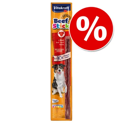 Vitakraft Beef Stick Original, goveđi štapić za pse, >90% mesa, bez šećera, akcijski znak s postotkom na crvenoj podlozi. Na pakiranju slika psa i tekst na njemačkom i engleskom.