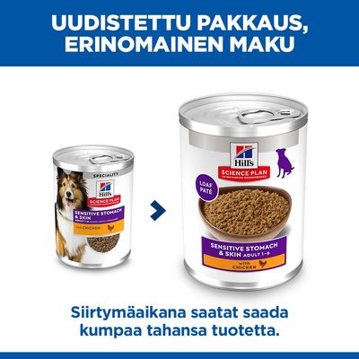 Hill's Science Plan Sensitive Stomach & Skin Adult 1-6 kanan kanssa, huomio uusi pakkausdesign. Vaihtoehtoisesti toimitetaan molempia purkkiversioita siirtymävaiheen aikana.