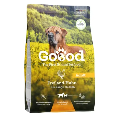 Goood Adult Freiland-Huhn. Weizenfreie Rezeptur, für alle Rassen, heimische Superfoods. Made in Germany, ohne künstliche Konservierungsstoffe. Goood Adult Freiland-Huhn. Weizenfreie Rezeptur, für alle Rassen, heimische Superfoods. Made in Germany, ohne künstliche Konservierungsstoffe.