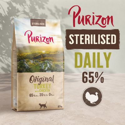 Purizon Sterilised Daily Original Turkey with Chicken, 65% Pute, 35% weitere Zutaten, 0% Getreide, 6,5 kg. Für sterilisierte Katzen.
