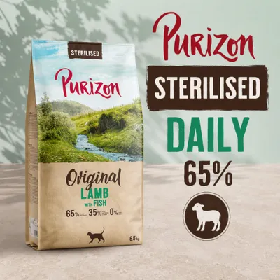Purizon Sterilised Daily Original Jagnięcina z rybą, 65% jagnię, 35% pozostałych składników, 0% zboż, 6,5 kg. Dla zwierząt sterylizowanych.