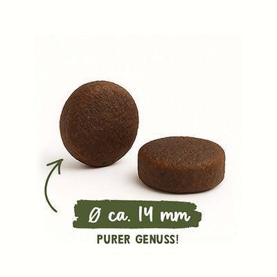 Zwei runde Kroketten, Durchmesser ca. 14 mm, Text: PURER GENUSS!