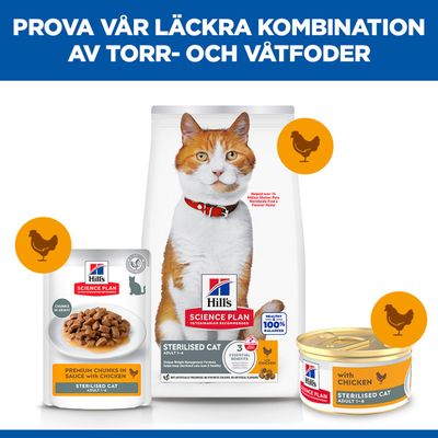 Hill's Science Plan Sterilised Cat Adult 1-6 torr- och våtfoder med kyckling, kombination av portionspåse, burk och fodersäck.